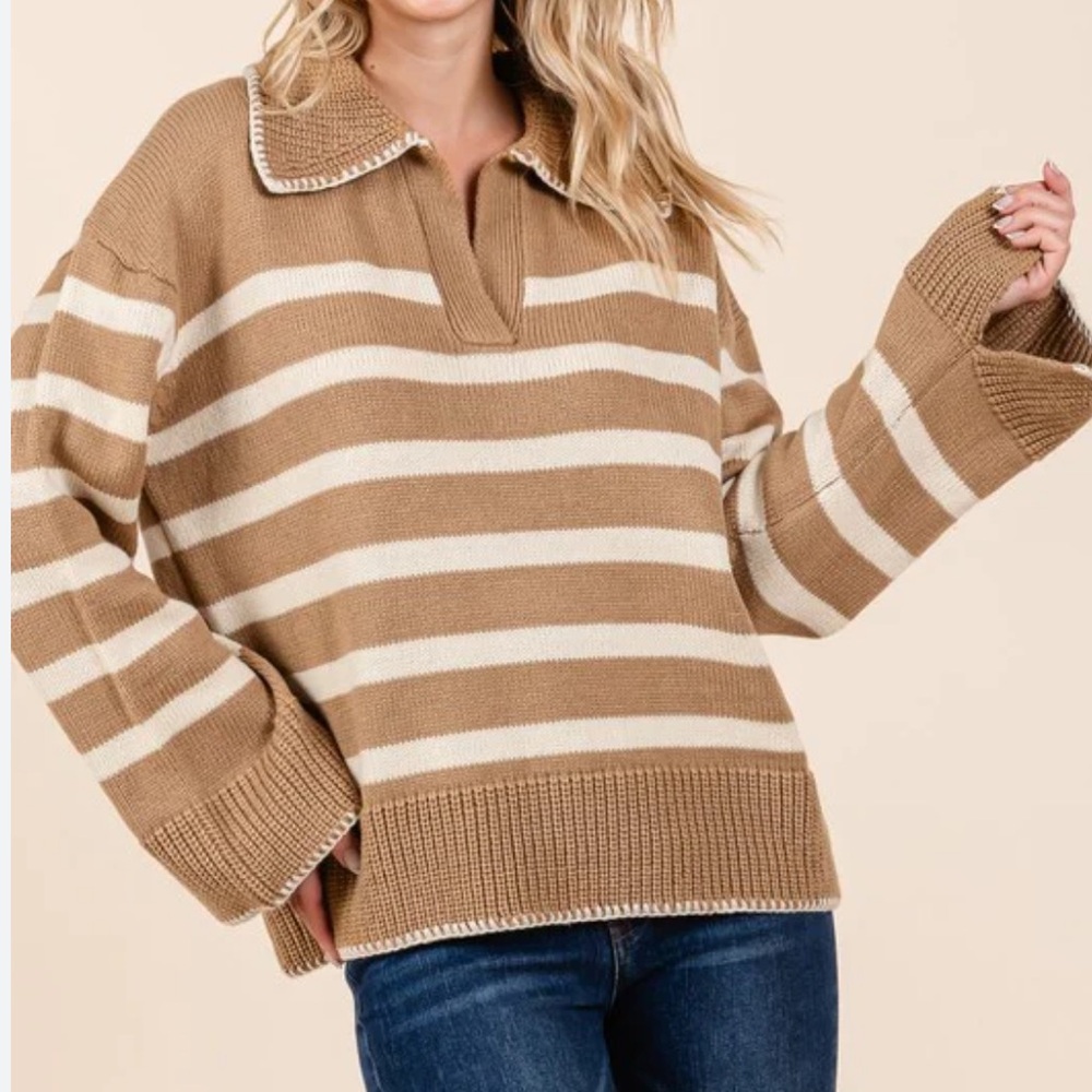 Boutique Striped Chunky Knit Camel-Colored Sweater with Collar Large